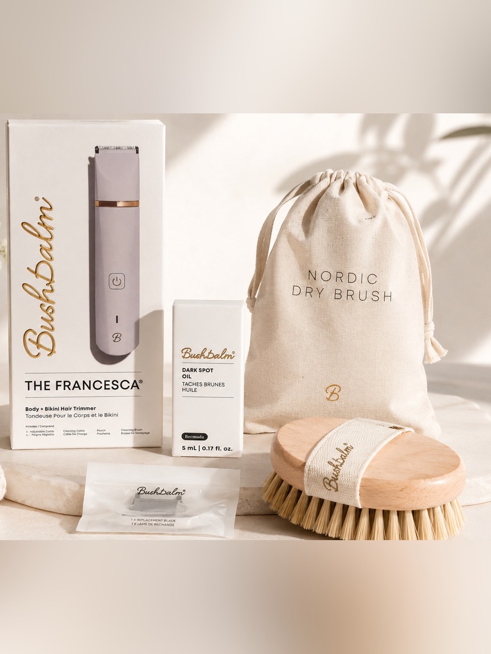 NIB Bushbalm Body Care Bundle Francesca Trimmer Nordic Dry Brush  Dark Spot Oil